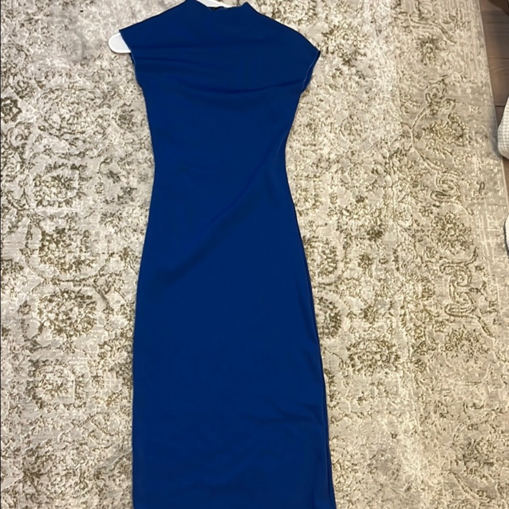 Zara Blue Sheath Dress Mock Neck Cap Sleeve Cocktail